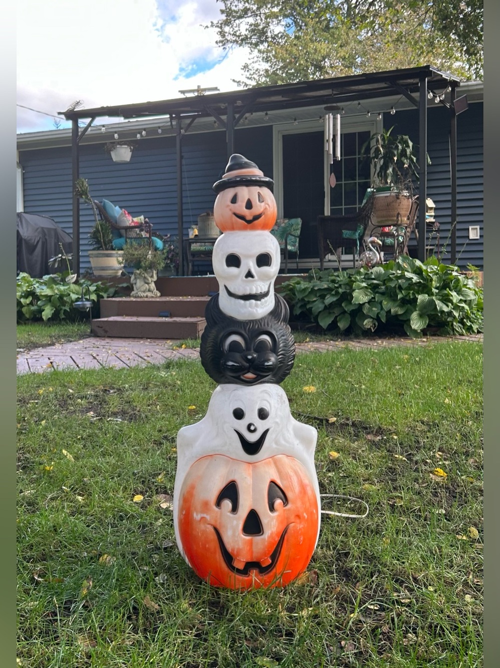 Vintage 95 Empire 32” Jack-O-Lantern Cat Ghost Skull Halloween Blow Mold Totem